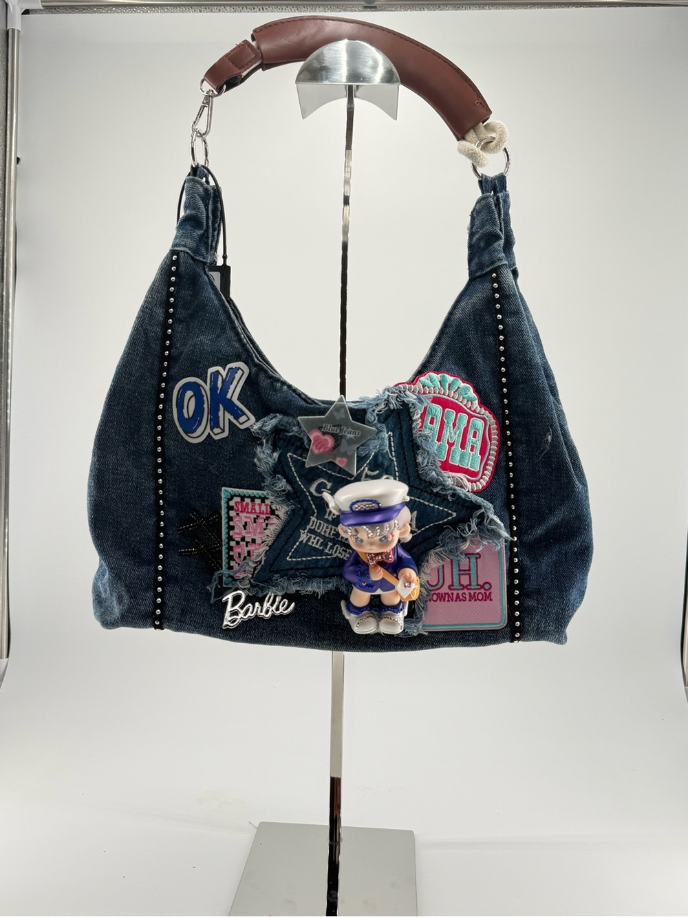 Denim Patch Shoulder Bag with Barbie Charm - Blue